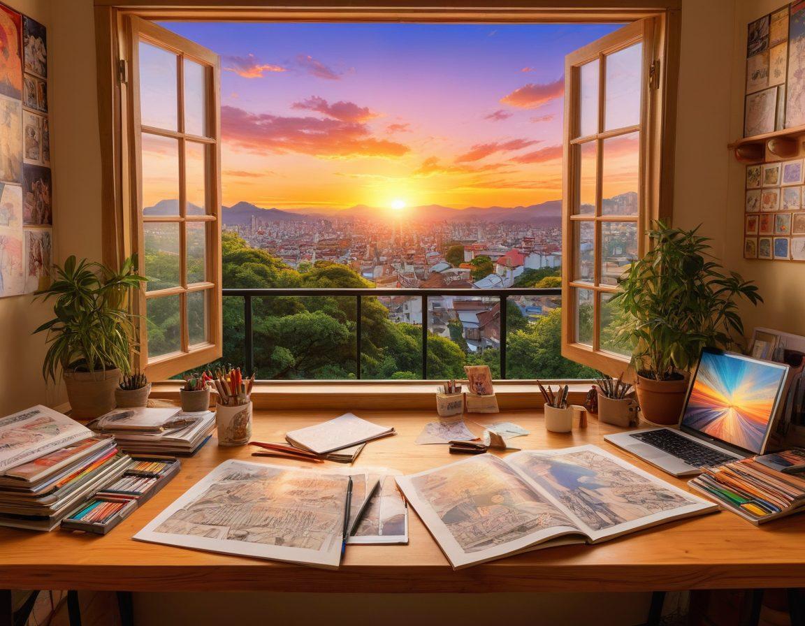 A captivating scene featuring an artist's studio filled with vibrant manga illustrations, showcasing diverse characters and artistic styles. Include a sketchbook open to a detailed hentai drawing, with colorful markers and digital tablets scattered around. A window reveals a sunset to enhance the mood, and posters of popular anime line the walls. Create an atmosphere of creativity and allure. super-realistic. vibrant colors. cozy interior.