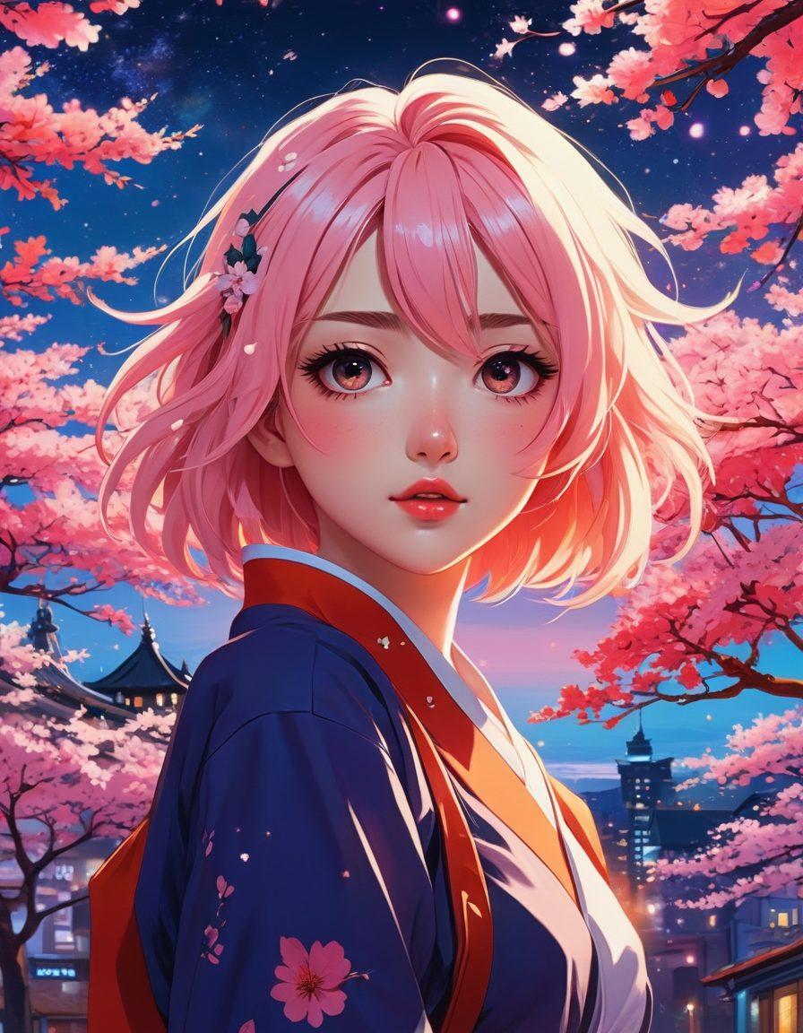 A dynamic collage depicting vibrant anime characters with exaggerated features, illustrating the fusion of cute aesthetics and seductive themes. The background features abstract shapes and neon colors to create an energetic atmosphere, while subtle hints of eroticism are tastefully integrated into the characters' poses and expressions. Include elements like cherry blossoms and starry skies to enhance the dreamlike quality. anime art style. vibrant colors. 3D.